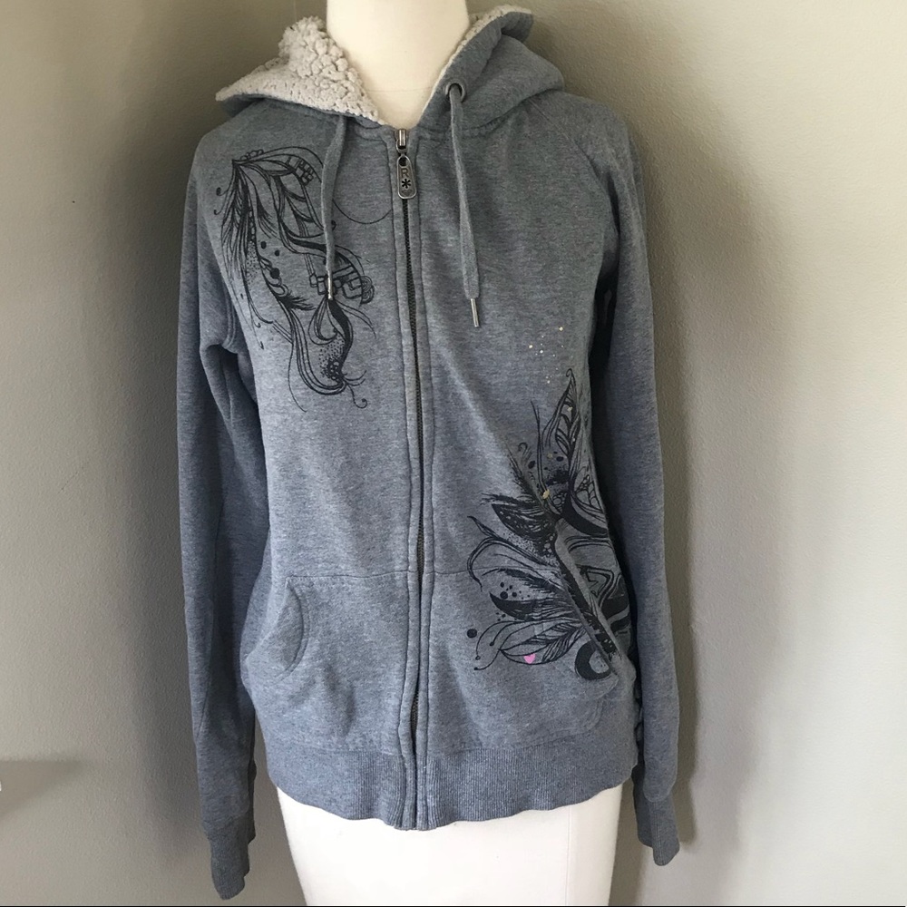 Roxy Grey Zip-Up Hoodie Cozy Hood Cute Details M